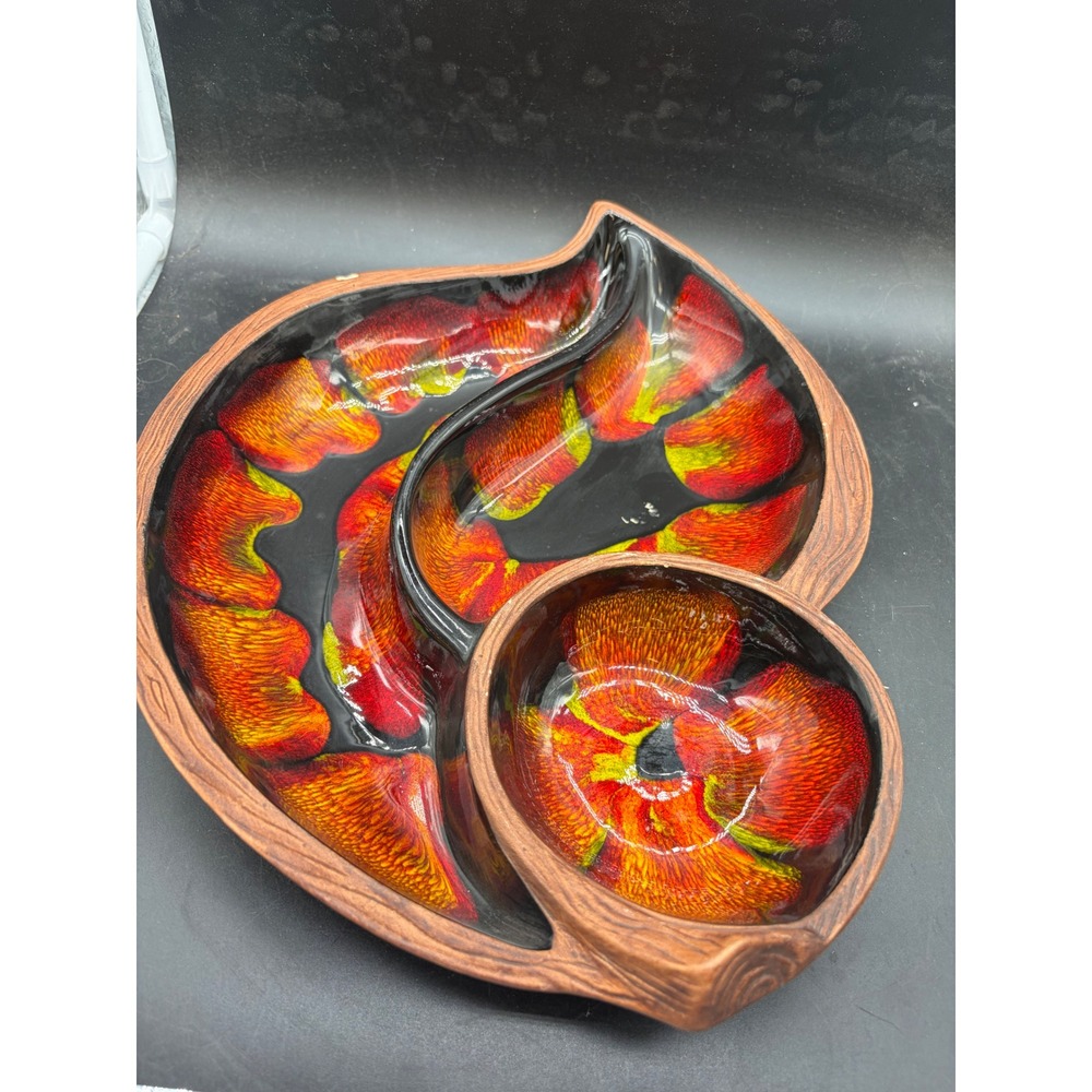Vintage MCM Drip Glaze Chip and Dip Tray Faux Bois Ceramic Serving Dish 602 USA